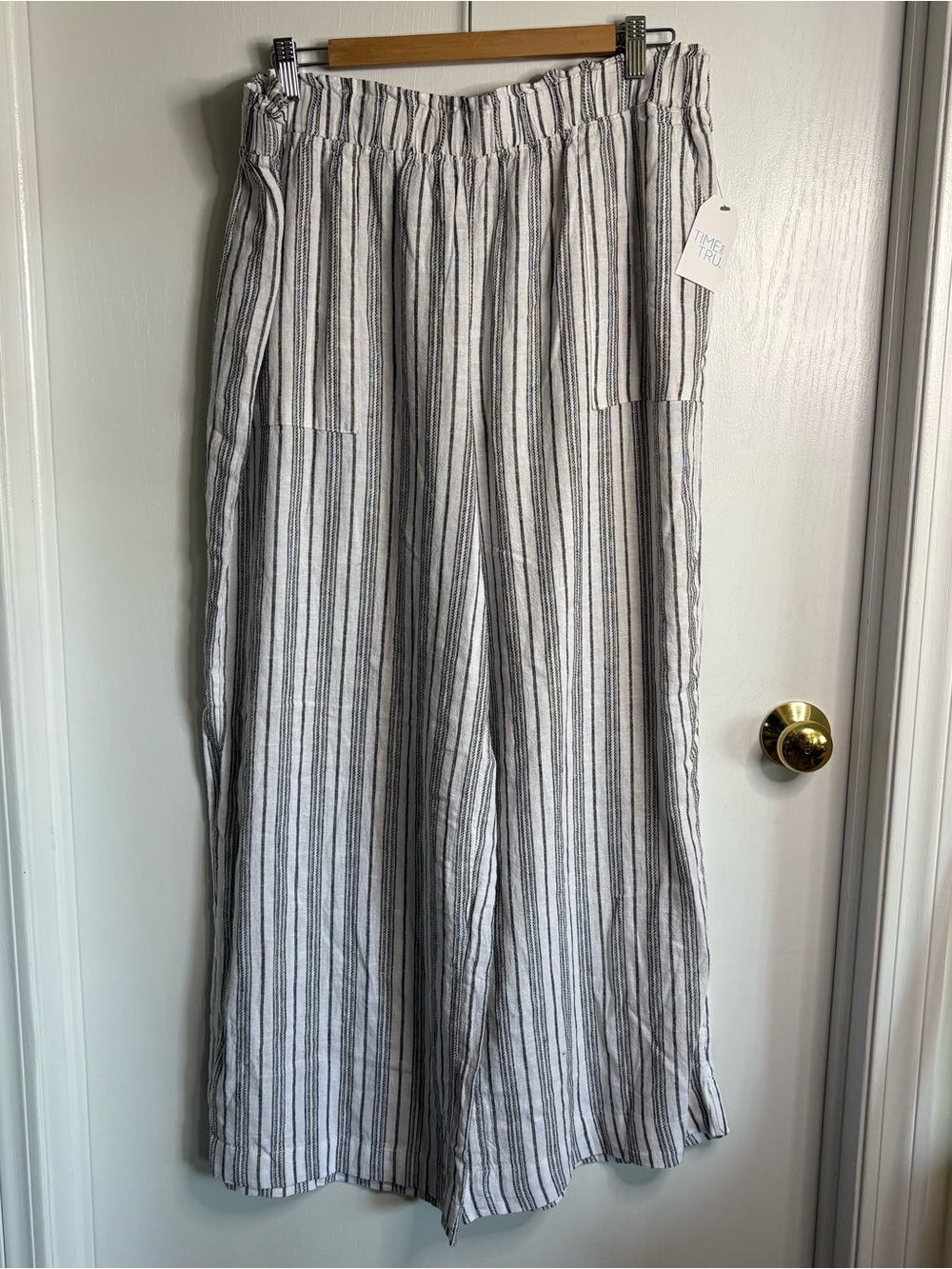 Time&Tru XL Wide-Leg Pants Linen Blend Woven Stripe Elastic Patch Pockets Beach - Picture 1 of 11